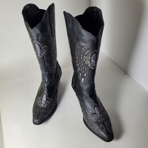 Via Veneto Women's Western Cowboy Boots Black & Glitter Inlay Size 7 Vintage